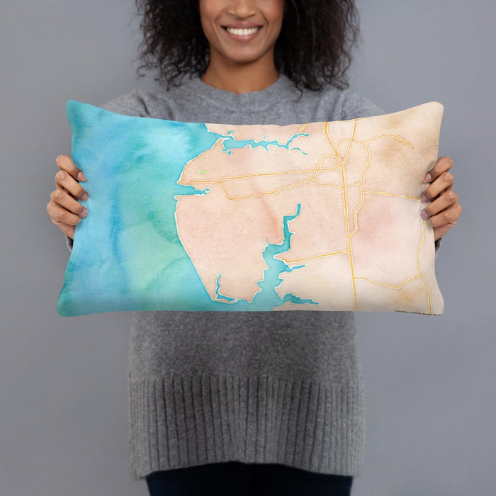 Person holding 20x12 Custom Cape Charles Virginia Map Throw Pillow in Watercolor