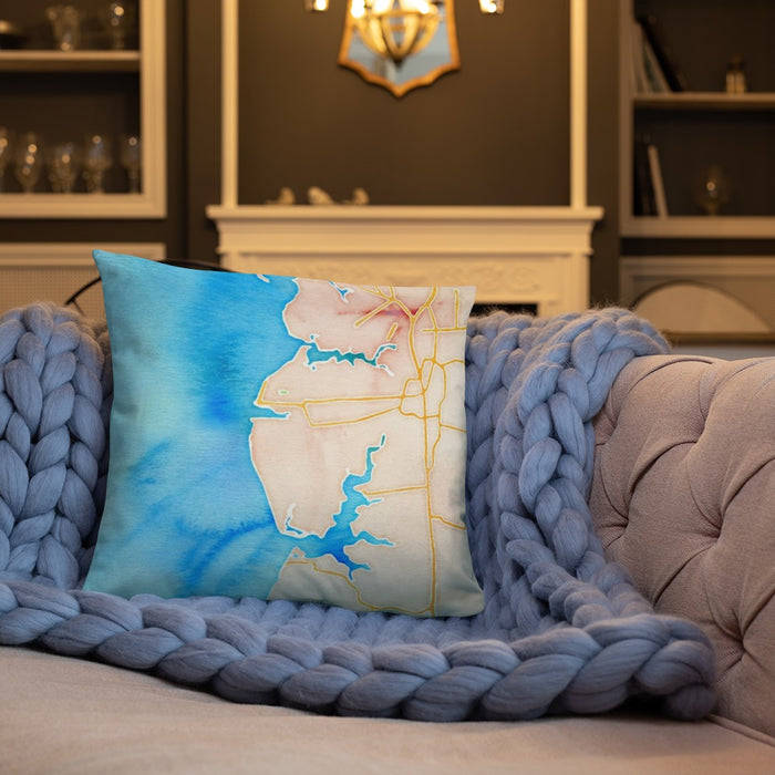 Custom Cape Charles Virginia Map Throw Pillow in Watercolor on Cream Colored Couch