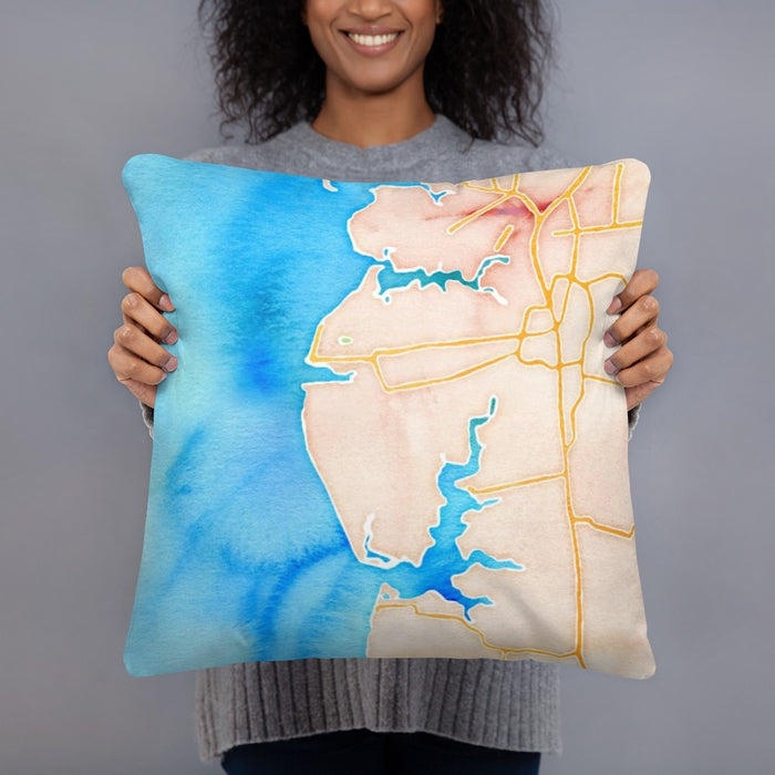 Person holding 18x18 Custom Cape Charles Virginia Map Throw Pillow in Watercolor