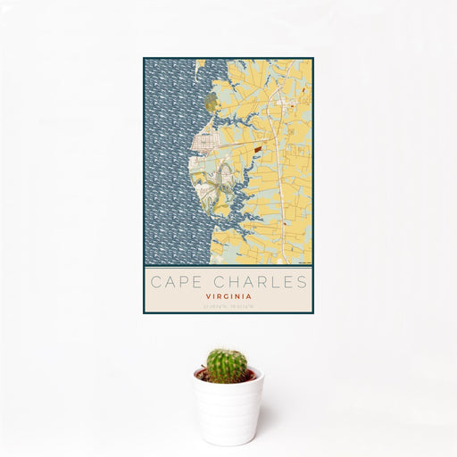 12x18 Cape Charles Virginia Map Print Portrait Orientation in Woodblock Style With Small Cactus Plant in White Planter