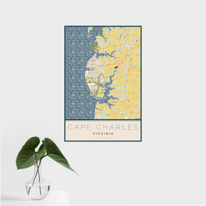 16x24 Cape Charles Virginia Map Print Portrait Orientation in Woodblock Style With Tropical Plant Leaves in Water