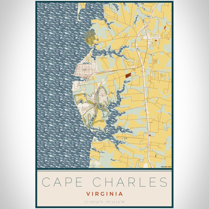 Cape Charles Virginia Map Print Portrait Orientation in Woodblock Style With Shaded Background