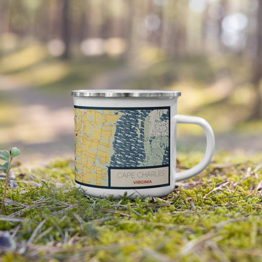 Right View Custom Cape Charles Virginia Map Enamel Mug in Woodblock on Grass With Trees in Background