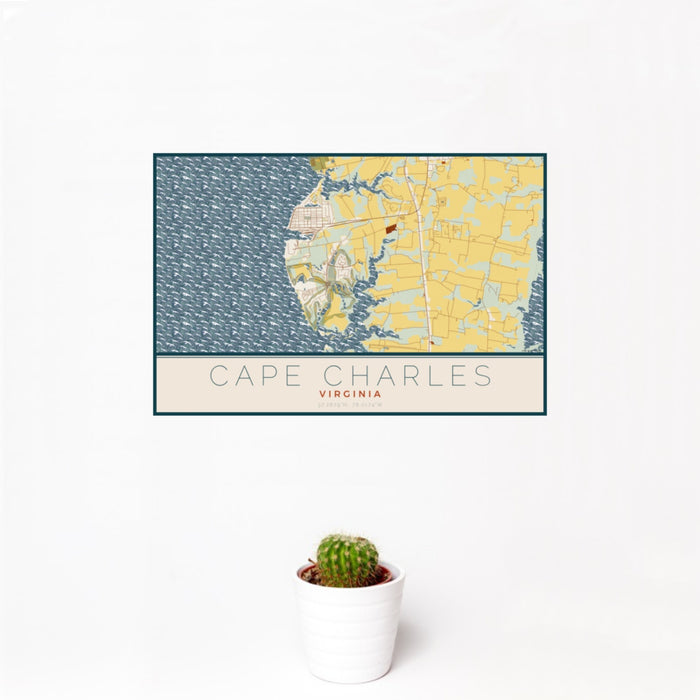 12x18 Cape Charles Virginia Map Print Landscape Orientation in Woodblock Style With Small Cactus Plant in White Planter