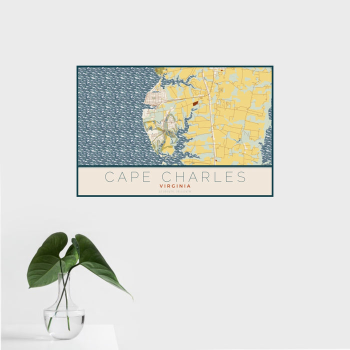 16x24 Cape Charles Virginia Map Print Landscape Orientation in Woodblock Style With Tropical Plant Leaves in Water