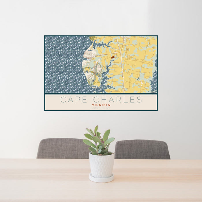 24x36 Cape Charles Virginia Map Print Landscape Orientation in Woodblock Style Behind 2 Chairs Table and Potted Plant
