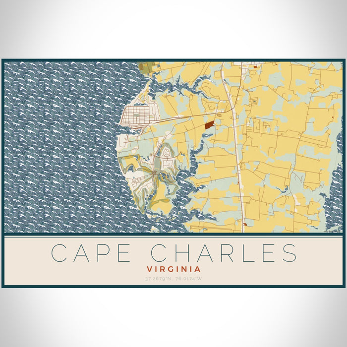 Cape Charles Virginia Map Print Landscape Orientation in Woodblock Style With Shaded Background