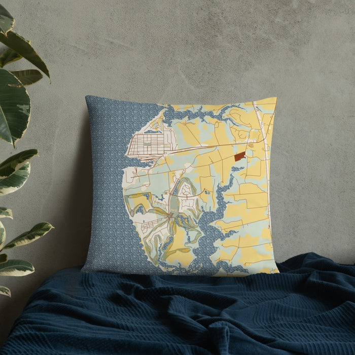 Custom Cape Charles Virginia Map Throw Pillow in Woodblock on Bedding Against Wall