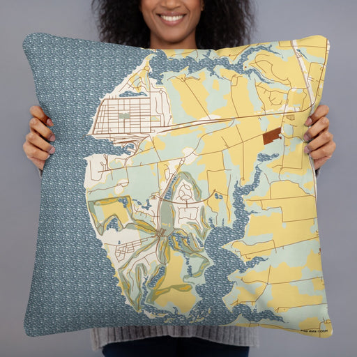 Person holding 22x22 Custom Cape Charles Virginia Map Throw Pillow in Woodblock