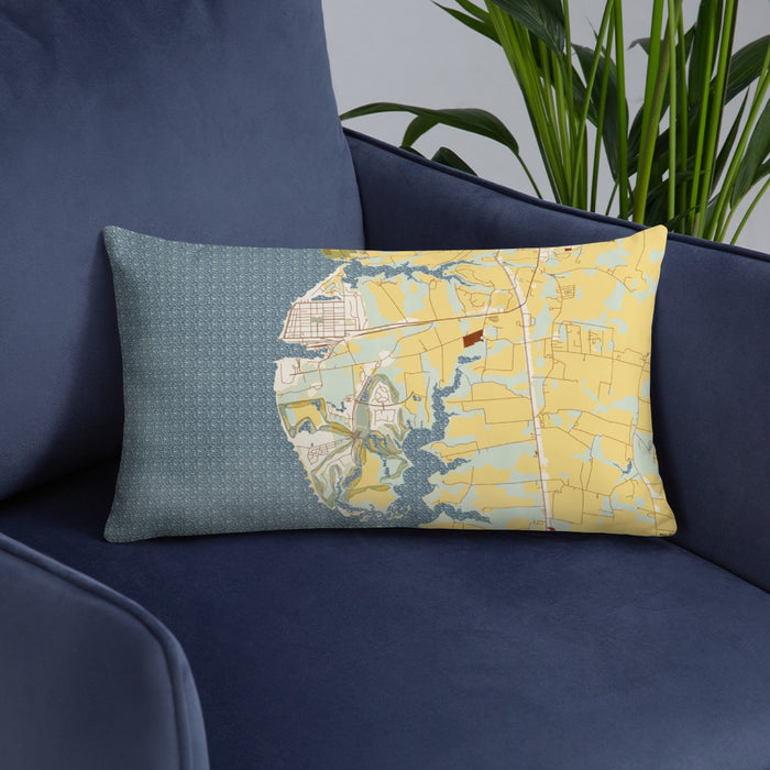 Custom Cape Charles Virginia Map Throw Pillow in Woodblock on Blue Colored Chair