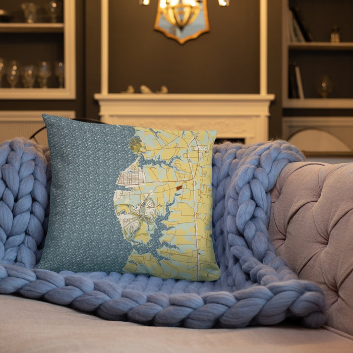 Custom Cape Charles Virginia Map Throw Pillow in Woodblock on Cream Colored Couch