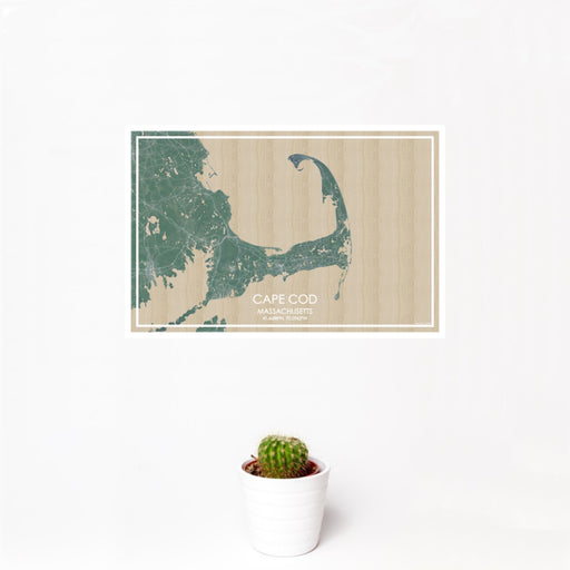 12x18 Cape Cod Massachusetts Map Print Landscape Orientation in Afternoon Style With Small Cactus Plant in White Planter