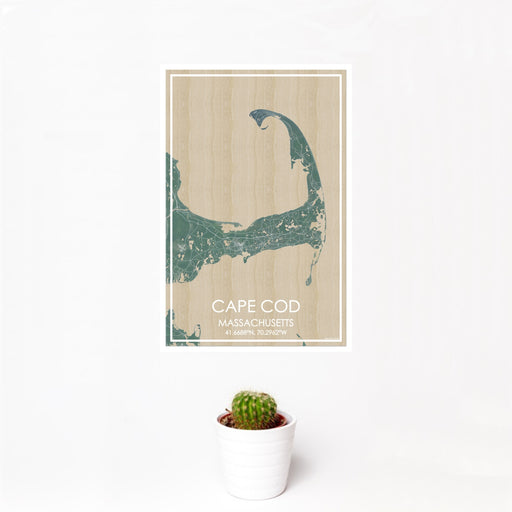 12x18 Cape Cod Massachusetts Map Print Portrait Orientation in Afternoon Style With Small Cactus Plant in White Planter