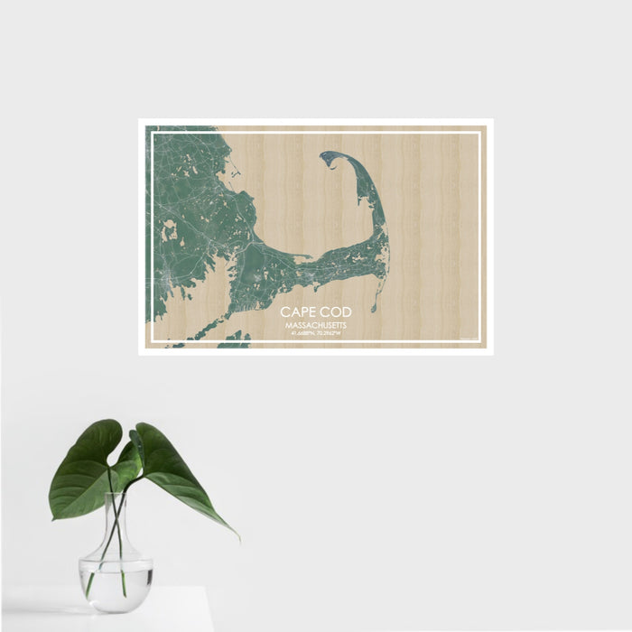 16x24 Cape Cod Massachusetts Map Print Landscape Orientation in Afternoon Style With Tropical Plant Leaves in Water