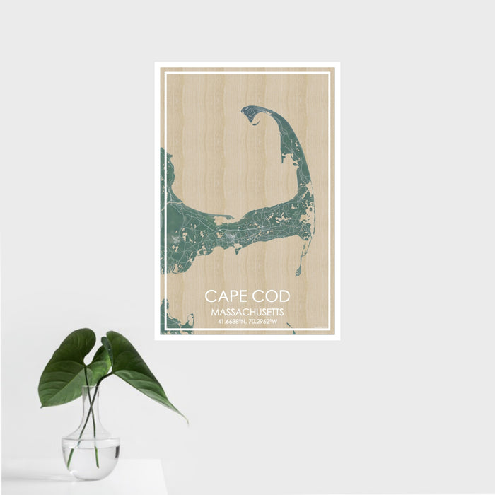 16x24 Cape Cod Massachusetts Map Print Portrait Orientation in Afternoon Style With Tropical Plant Leaves in Water