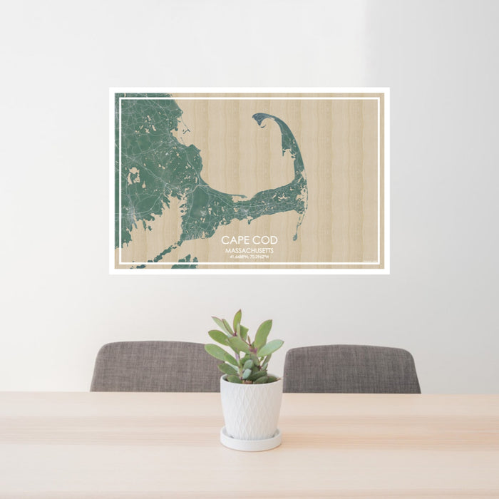 24x36 Cape Cod Massachusetts Map Print Lanscape Orientation in Afternoon Style Behind 2 Chairs Table and Potted Plant