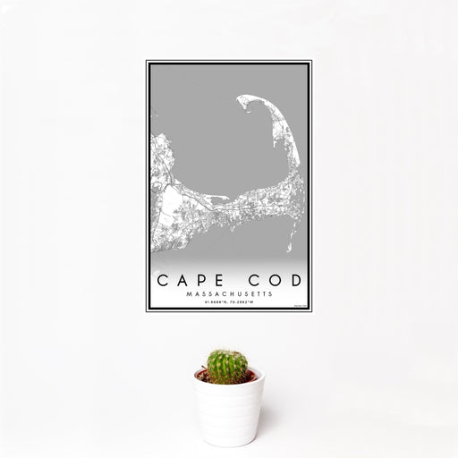 12x18 Cape Cod Massachusetts Map Print Portrait Orientation in Classic Style With Small Cactus Plant in White Planter