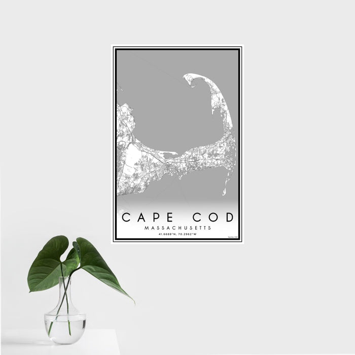 16x24 Cape Cod Massachusetts Map Print Portrait Orientation in Classic Style With Tropical Plant Leaves in Water