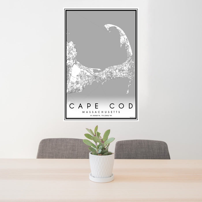 24x36 Cape Cod Massachusetts Map Print Portrait Orientation in Classic Style Behind 2 Chairs Table and Potted Plant