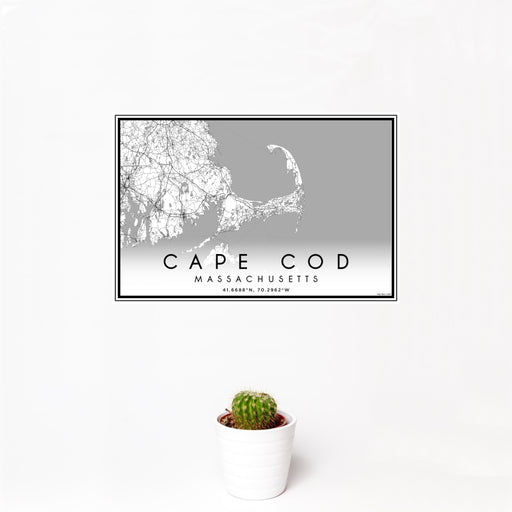 12x18 Cape Cod Massachusetts Map Print Landscape Orientation in Classic Style With Small Cactus Plant in White Planter