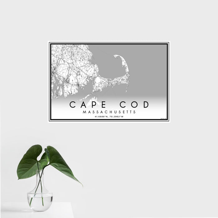16x24 Cape Cod Massachusetts Map Print Landscape Orientation in Classic Style With Tropical Plant Leaves in Water