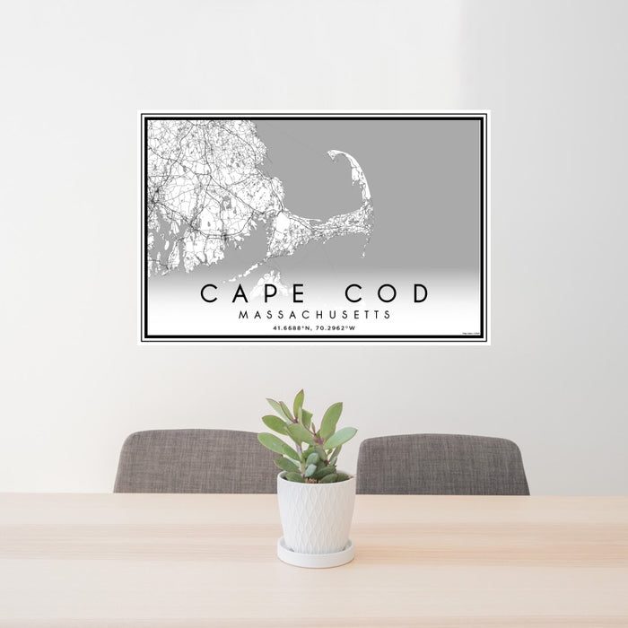 24x36 Cape Cod Massachusetts Map Print Landscape Orientation in Classic Style Behind 2 Chairs Table and Potted Plant
