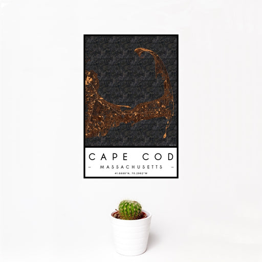 12x18 Cape Cod Massachusetts Map Print Portrait Orientation in Ember Style With Small Cactus Plant in White Planter