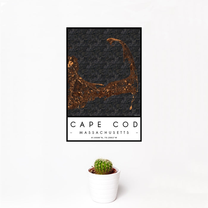 12x18 Cape Cod Massachusetts Map Print Portrait Orientation in Ember Style With Small Cactus Plant in White Planter