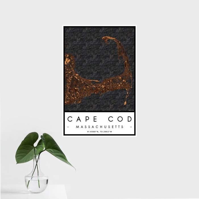 16x24 Cape Cod Massachusetts Map Print Portrait Orientation in Ember Style With Tropical Plant Leaves in Water