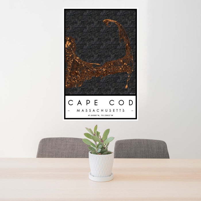 24x36 Cape Cod Massachusetts Map Print Portrait Orientation in Ember Style Behind 2 Chairs Table and Potted Plant