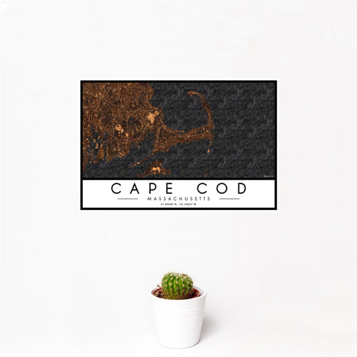 12x18 Cape Cod Massachusetts Map Print Landscape Orientation in Ember Style With Small Cactus Plant in White Planter