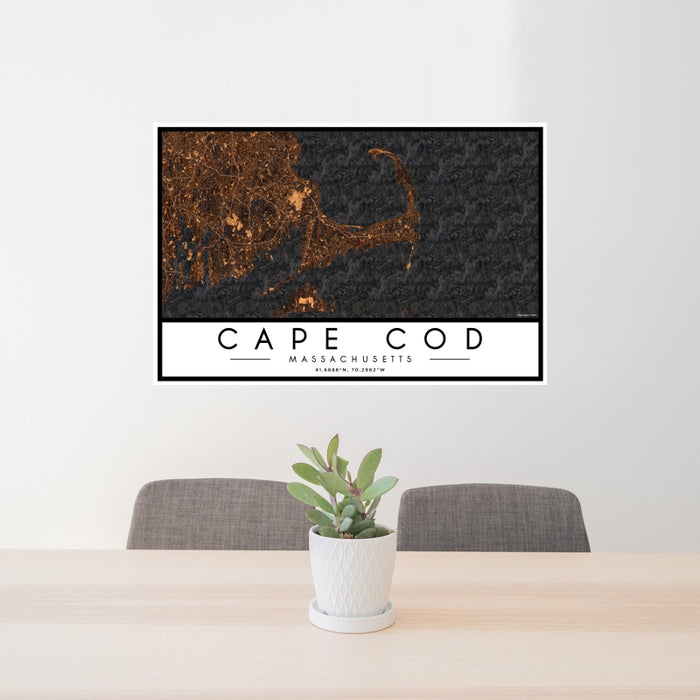 24x36 Cape Cod Massachusetts Map Print Landscape Orientation in Ember Style Behind 2 Chairs Table and Potted Plant