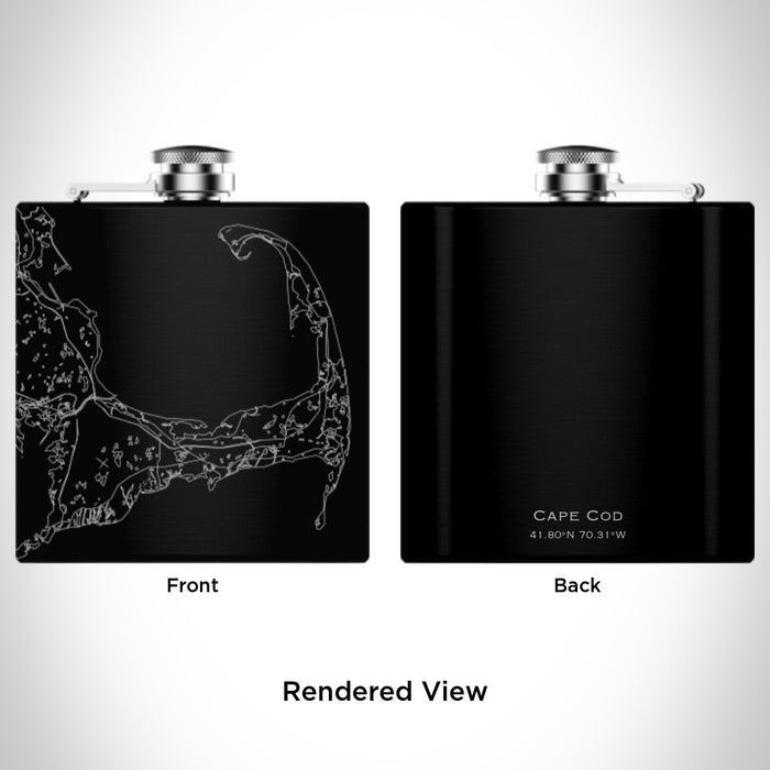 Rendered View of Cape Cod Massachusetts Map Engraving on 6oz Stainless Steel Flask in Black