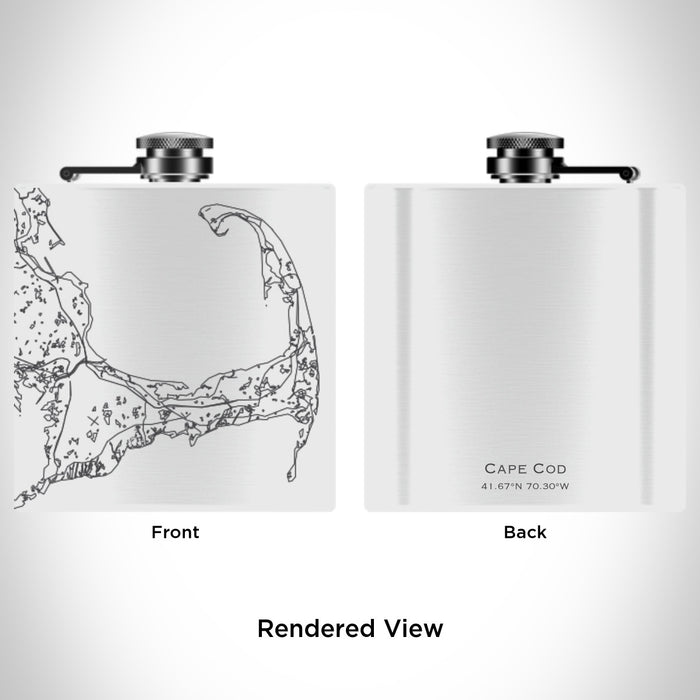 Rendered View of Cape Cod Massachusetts Map Engraving on 6oz Stainless Steel Flask in White