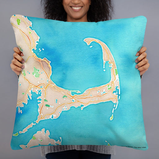 Person holding 22x22 Custom Cape Cod Massachusetts Map Throw Pillow in Watercolor