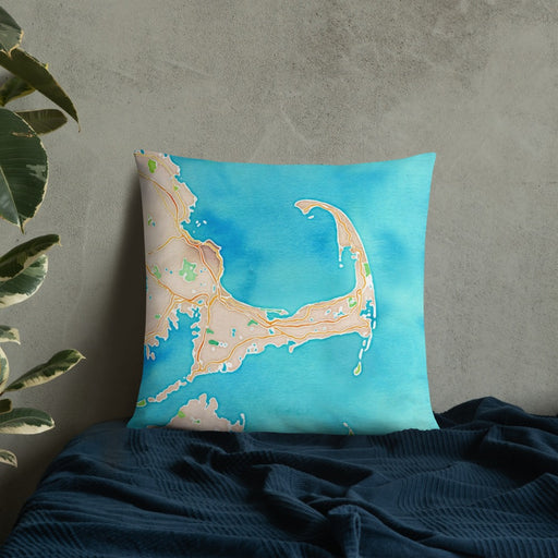 Custom Cape Cod Massachusetts Map Throw Pillow in Watercolor on Bedding Against Wall