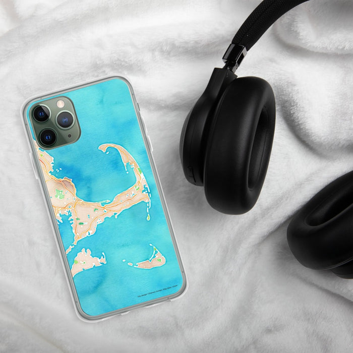 Custom Cape Cod Massachusetts Map Phone Case in Watercolor on Table with Black Headphones