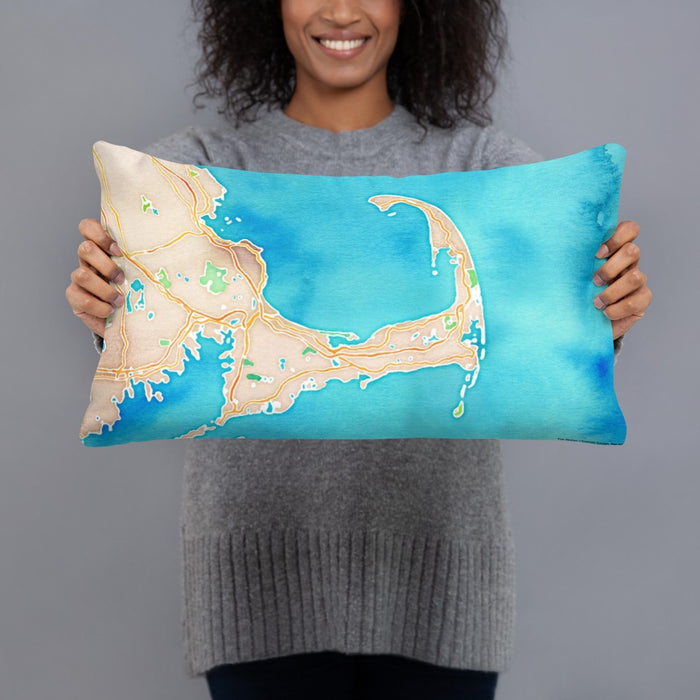 Person holding 20x12 Custom Cape Cod Massachusetts Map Throw Pillow in Watercolor