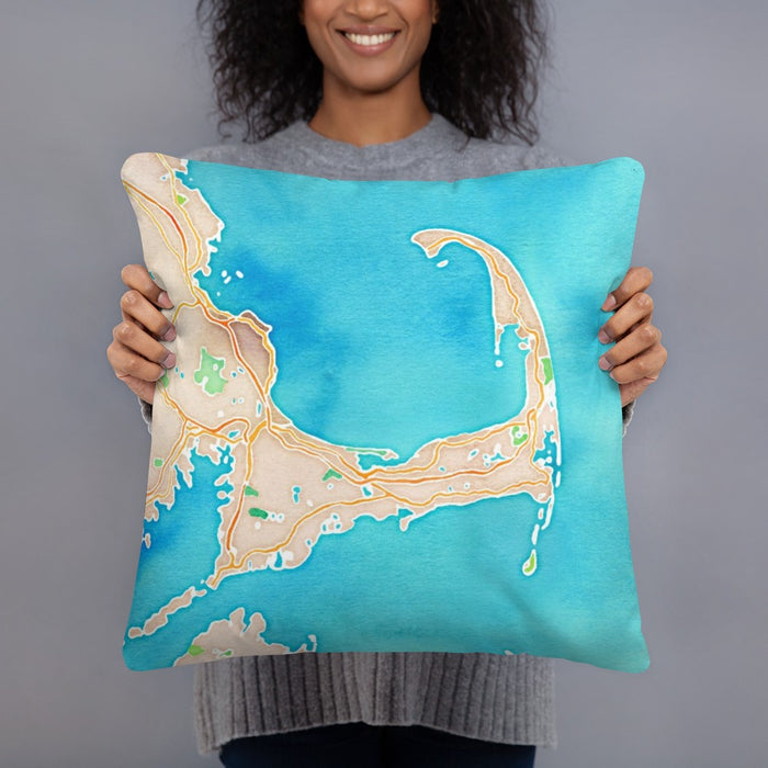Person holding 18x18 Custom Cape Cod Massachusetts Map Throw Pillow in Watercolor