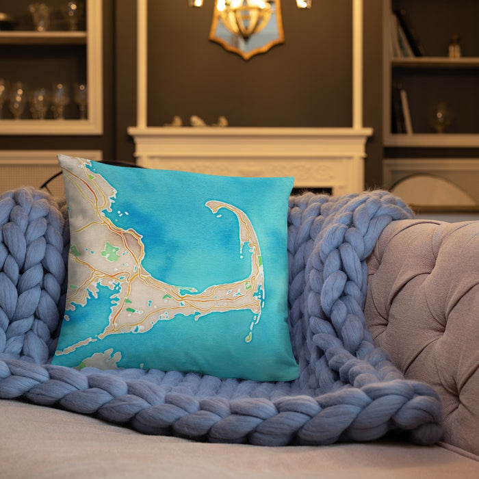 Custom Cape Cod Massachusetts Map Throw Pillow in Watercolor on Cream Colored Couch