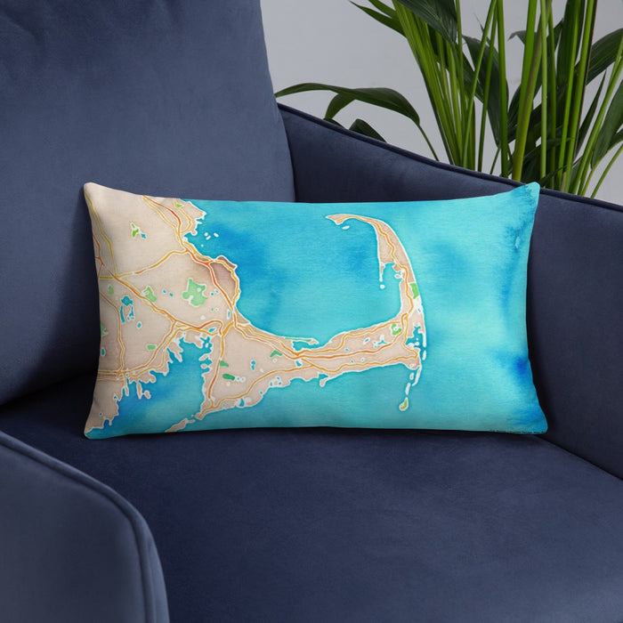 Custom Cape Cod Massachusetts Map Throw Pillow in Watercolor on Blue Colored Chair
