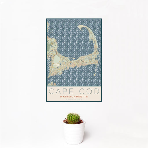12x18 Cape Cod Massachusetts Map Print Portrait Orientation in Woodblock Style With Small Cactus Plant in White Planter