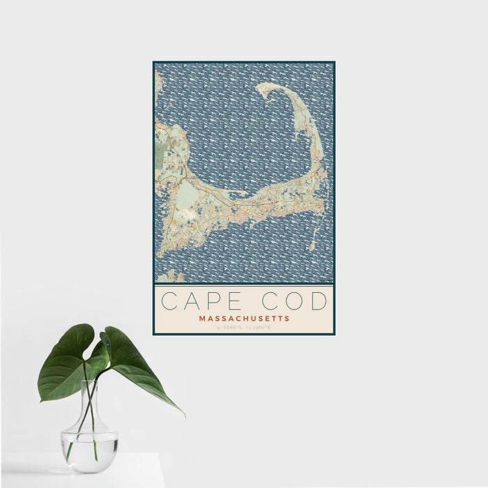 16x24 Cape Cod Massachusetts Map Print Portrait Orientation in Woodblock Style With Tropical Plant Leaves in Water