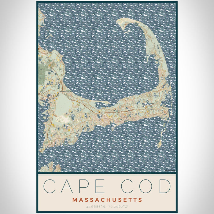 Cape Cod Massachusetts Map Print Portrait Orientation in Woodblock Style With Shaded Background