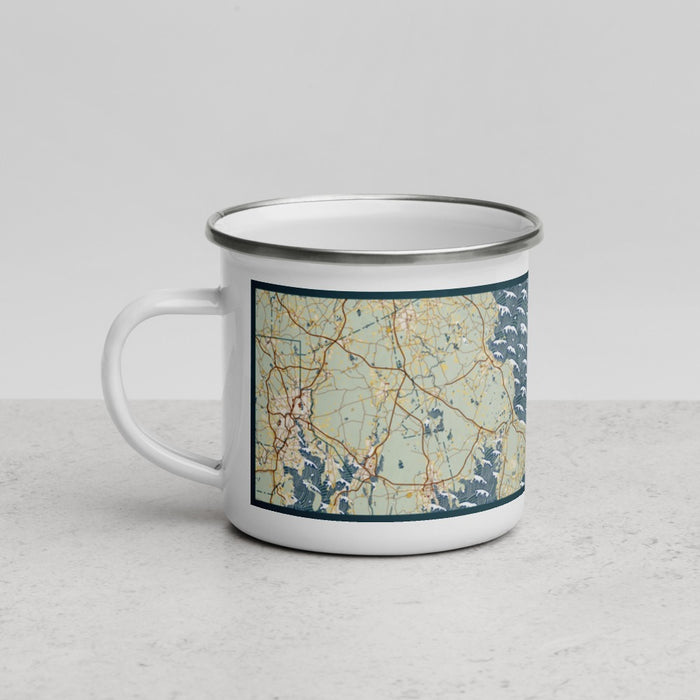 Left View Custom Cape Cod Massachusetts Map Enamel Mug in Woodblock