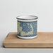 Front View Custom Cape Cod Massachusetts Map Enamel Mug in Woodblock on Cutting Board