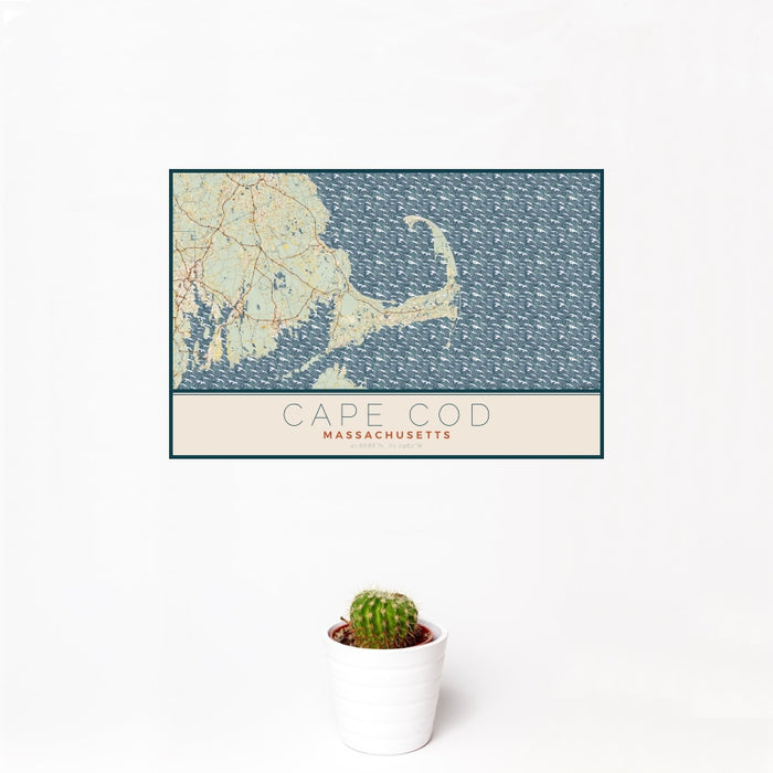 12x18 Cape Cod Massachusetts Map Print Landscape Orientation in Woodblock Style With Small Cactus Plant in White Planter
