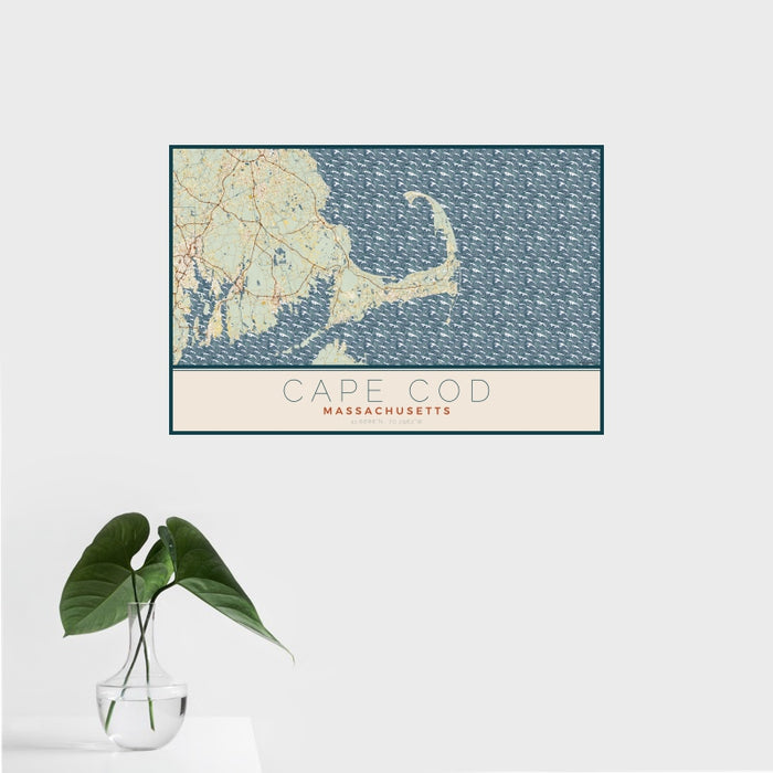 16x24 Cape Cod Massachusetts Map Print Landscape Orientation in Woodblock Style With Tropical Plant Leaves in Water