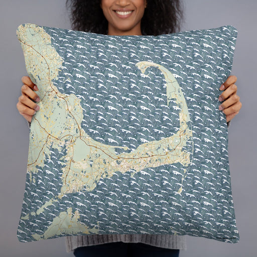Person holding 22x22 Custom Cape Cod Massachusetts Map Throw Pillow in Woodblock