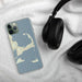 Custom Cape Cod Massachusetts Map Phone Case in Woodblock on Table with Black Headphones